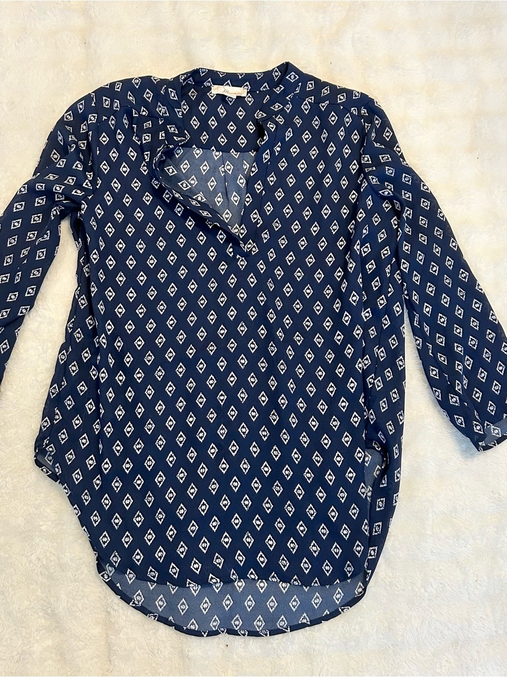 Misia Navy Blue Geometric Print Roll Tab Sleeve Blouse Size Small